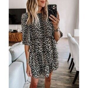 NWT Ganni Leopard Pleated Georgette Tiered Ruffle Dress 36(4), 38(6), 40(8) $235